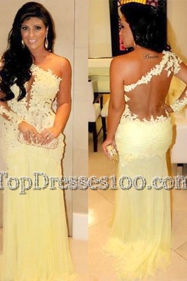 One Shoulder Light Yellow Chiffon Side Zipper Prom Evening Gown Long Sleeves Floor Length Lace