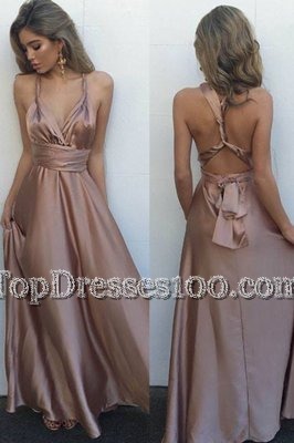 Luxurious V-neck Sleeveless Satin Prom Gown Pleated Criss Cross
