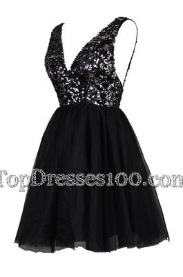 Sequins Black Sleeveless Tulle Backless Juniors Party Dress for Prom