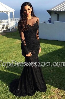 Sweet Mermaid Scoop Tulle Long Sleeves Dress for Prom Sweep Train and Beading and Lace
