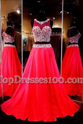 Black Two Pieces Halter Top Sleeveless Chiffon With Train Court Train Zipper Beading Prom Gown