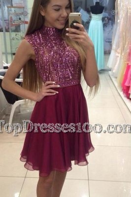 Halter Top Sleeveless Chiffon Knee Length Zipper Party Dresses in Fuchsia for with Beading