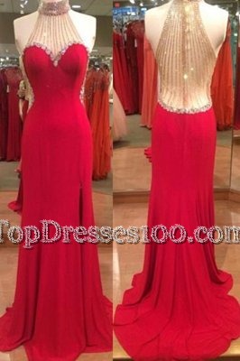 Hot Selling Mermaid Halter Top Sleeveless Satin Floor Length Zipper Prom Dress in Red for with Beading