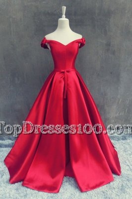 Sumptuous Off the Shoulder Sashes|ribbons and Bowknot Homecoming Dress Red Zipper Short Sleeves With Train Sweep Train