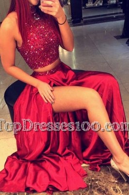 Pretty Red Satin Backless Halter Top Sleeveless Floor Length Prom Party Dress Beading