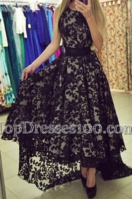 Flare Scoop Beading and Hand Made Flower Prom Evening Gown Navy Blue Zipper Long Sleeves Tea Length