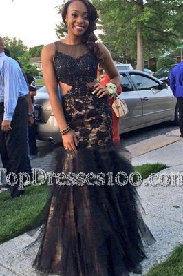 Mermaid Black Tulle Backless Scoop Sleeveless Floor Length Prom Dress Beading and Lace