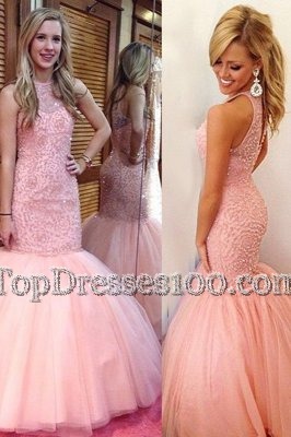 Dazzling Mermaid Scoop Pink Backless Prom Party Dress Lace Sleeveless Floor Length