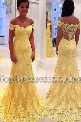 Yellow Prom Dress Prom and Party and For with Lace Off The Shoulder Sleeveless Brush Train Side Zipper