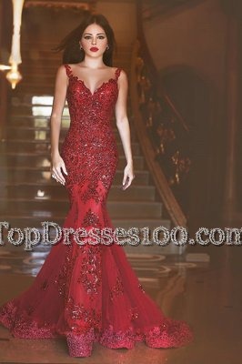 Luxurious Mermaid Tulle Spaghetti Straps Sleeveless Sweep Train Backless Appliques and Sequins Evening Party Dresses in Red