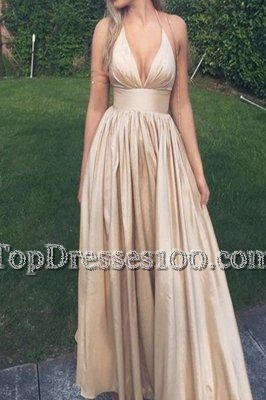 Clearance Taffeta Halter Top Sleeveless Zipper Ruching Dress for Prom in Champagne