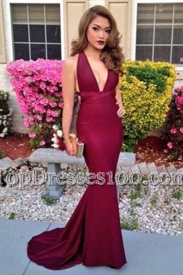 Mermaid Sleeveless Elastic Woven Satin Sweep Train Backless in Burgundy for with Ruching