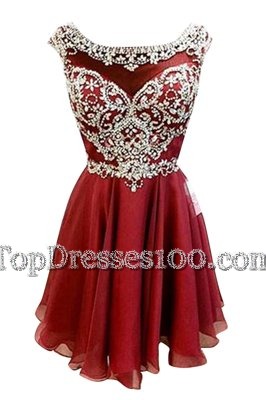 Burgundy A-line Beading and Sashes|ribbons Cocktail Dresses Zipper Chiffon Cap Sleeves Mini Length