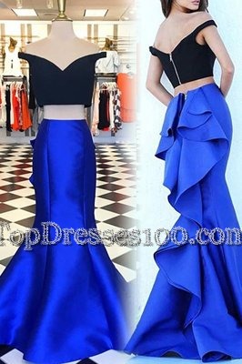 Mermaid Off the Shoulder Royal Blue Short Sleeves With Train Ruffles Zipper Prom Gown