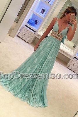 Free and Easy Apple Green A-line V-neck Sleeveless Lace Sweep Train Zipper Beading Prom Gown