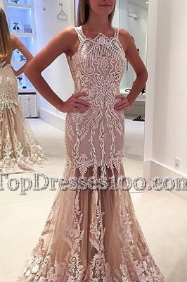 Low Price Mermaid Scoop Champagne Sleeveless Lace and Appliques Zipper Prom Evening Gown