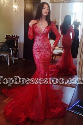 Mermaid Red Zipper Prom Dresses Beading and Lace Long Sleeves Sweep Train
