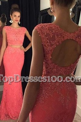 Mermaid Watermelon Red Backless Bateau Beading and Appliques Prom Dresses Lace Sleeveless Sweep Train