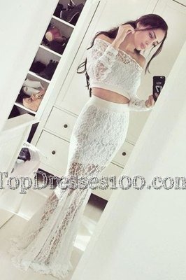 Fashionable Mermaid Off the Shoulder Floor Length White Prom Dresses Lace Long Sleeves Lace