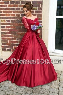 Classical Scoop With Train Mermaid Long Sleeves Red Prom Gown Sweep Train Zipper