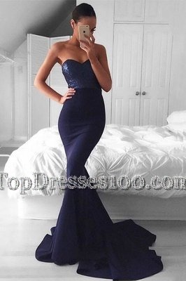 Luxurious Mermaid Navy Blue Sweetheart Zipper Sequins Prom Gown Sweep Train Sleeveless