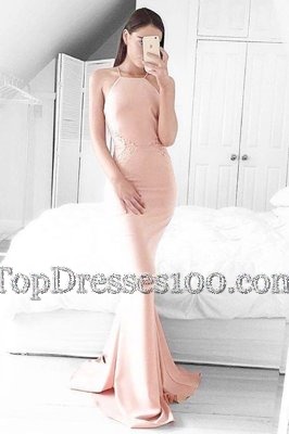 Cheap Pink Mermaid Lace Homecoming Dress Zipper Elastic Woven Satin Sleeveless