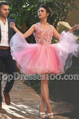 Halter Top Sleeveless Mini Length Beading and Appliques Zipper Party Dresses with Peach