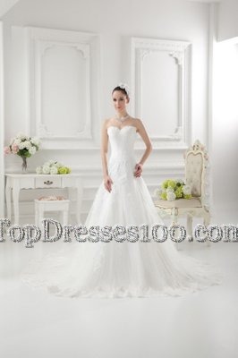 Fantastic Sweetheart Sleeveless Wedding Dress Brush Train Ruffled Layers and Ruching White Taffeta