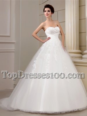 Popular With Train White Bridal Gown Tulle Court Train Sleeveless Appliques