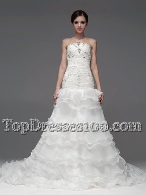 Sleeveless Beading and Ruffles and Ruffled Layers Lace Up Wedding Gown with White