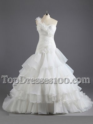 Flirting With Train Lace Up Wedding Dresses White and In for Wedding Party with Beading and Ruffled Layers and Ruching Court Train