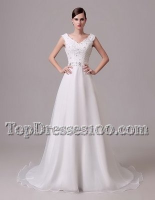White Empire V-neck Sleeveless Organza and Lace With Brush Train Clasp Handle Beading and Sashes|ribbons Wedding Gown