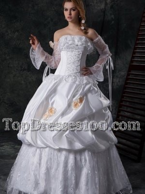 Modern Sleeveless Taffeta Floor Length Lace Up Wedding Gown in White for with Lace and Appliques and Pick Ups