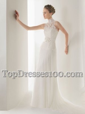 Halter Top Sleeveless Bridal Gown With Brush Train Lace and Belt White Chiffon