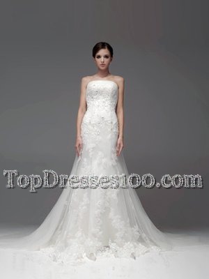 Attractive White A-line Strapless Sleeveless Tulle and Lace Brush Train Zipper Lace Wedding Dress