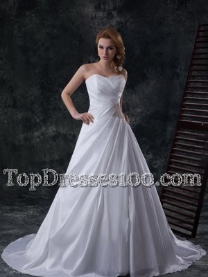 Taffeta One Shoulder Sleeveless Brush Train Lace Up Beading and Pick Ups Wedding Dress in White