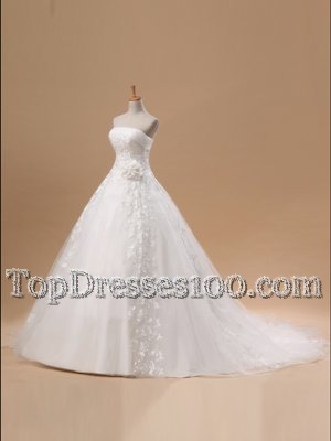 White Tulle Lace Up Wedding Dress Sleeveless With Train Chapel Train Appliques and Sashes|ribbons