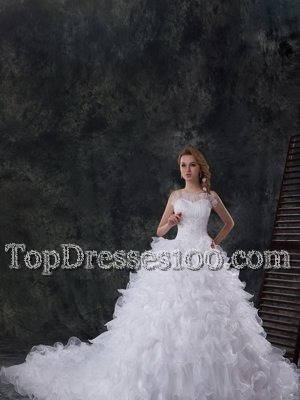 White Lace Up Scoop Beading and Ruffles Wedding Gown Organza Sleeveless Chapel Train