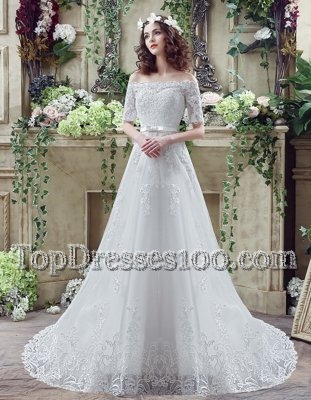 Customized White A-line Lace Off The Shoulder Short Sleeves Lace and Appliques and Bowknot Lace Up Wedding Dresses Court Train