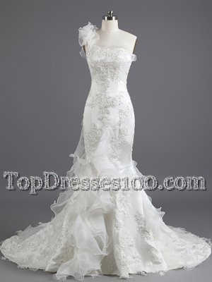 Mermaid Sleeveless Chapel Train Beading and Appliques and Ruffles Lace Up Bridal Gown