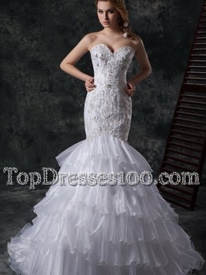 Fine Ruffled A-line Wedding Dresses White Strapless Organza and Taffeta Sleeveless Floor Length Lace Up