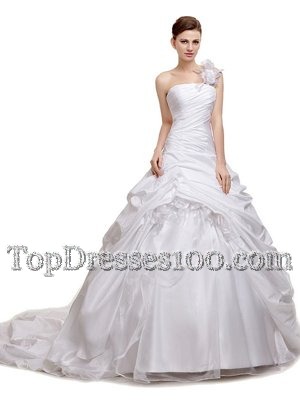 White Lace Up Strapless Ruching and Pick Ups Wedding Dress Organza and Taffeta and Tulle Sleeveless Court Train