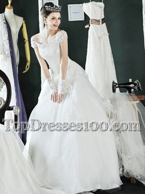 Floor Length White Bridal Gown Off The Shoulder Cap Sleeves Lace Up