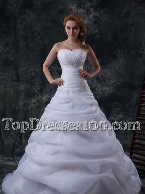 White A-line Sweetheart Sleeveless Organza and Fabric With Rolling Flowers With Train Court Train Lace Up Beading and Ruching and Hand Made Flower Wedding Gown