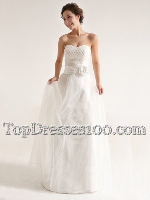New Style Tulle Strapless Sleeveless Zipper Hand Made Flower Wedding Dresses in White