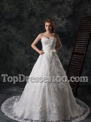 Fashionable Lace Up Wedding Dress White and In for Wedding Party with Beading and Appliques and Hand Made Flower Court Train