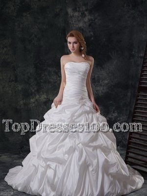 White A-line Taffeta Strapless Sleeveless Ruching and Pick Ups With Train Lace Up Wedding Gowns Brush Train