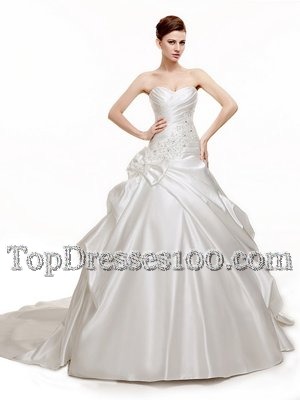 White Lace Up Wedding Dress Beading and Pick Ups Sleeveless With Train Chapel Train