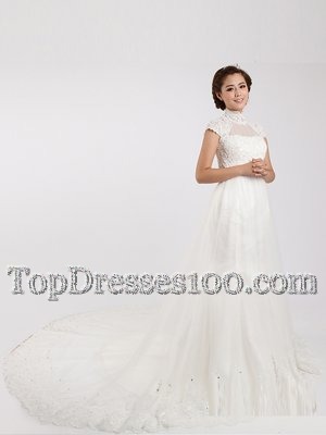 Decent Short Sleeves With Train Lace Clasp Handle Wedding Gowns with White Chapel Train