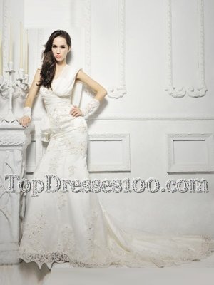 White Cap Sleeves With Train Lace and Appliques Zipper Wedding Dress
